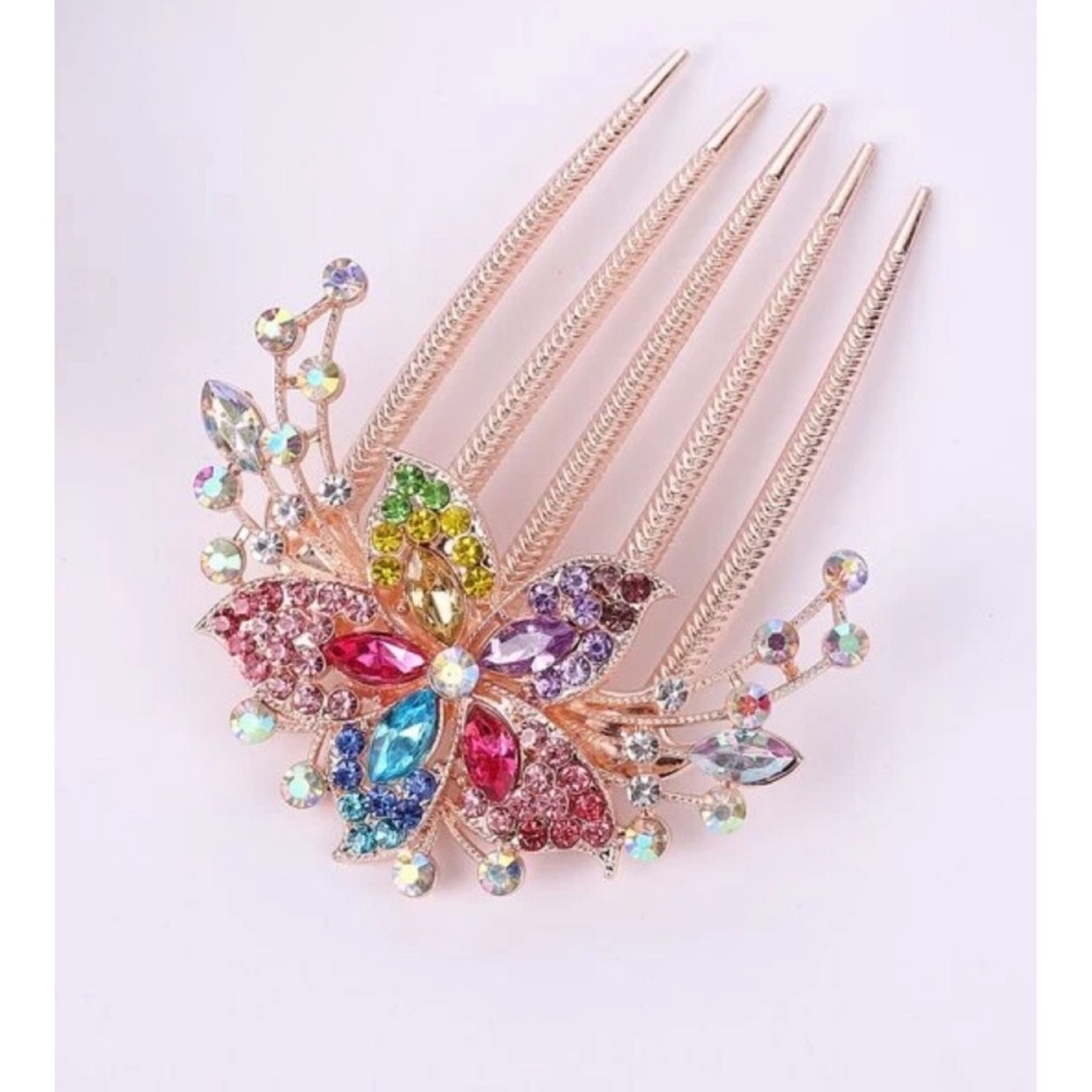 Decorative Multi Colored Flower Rhinestone Hair Comb, NEW